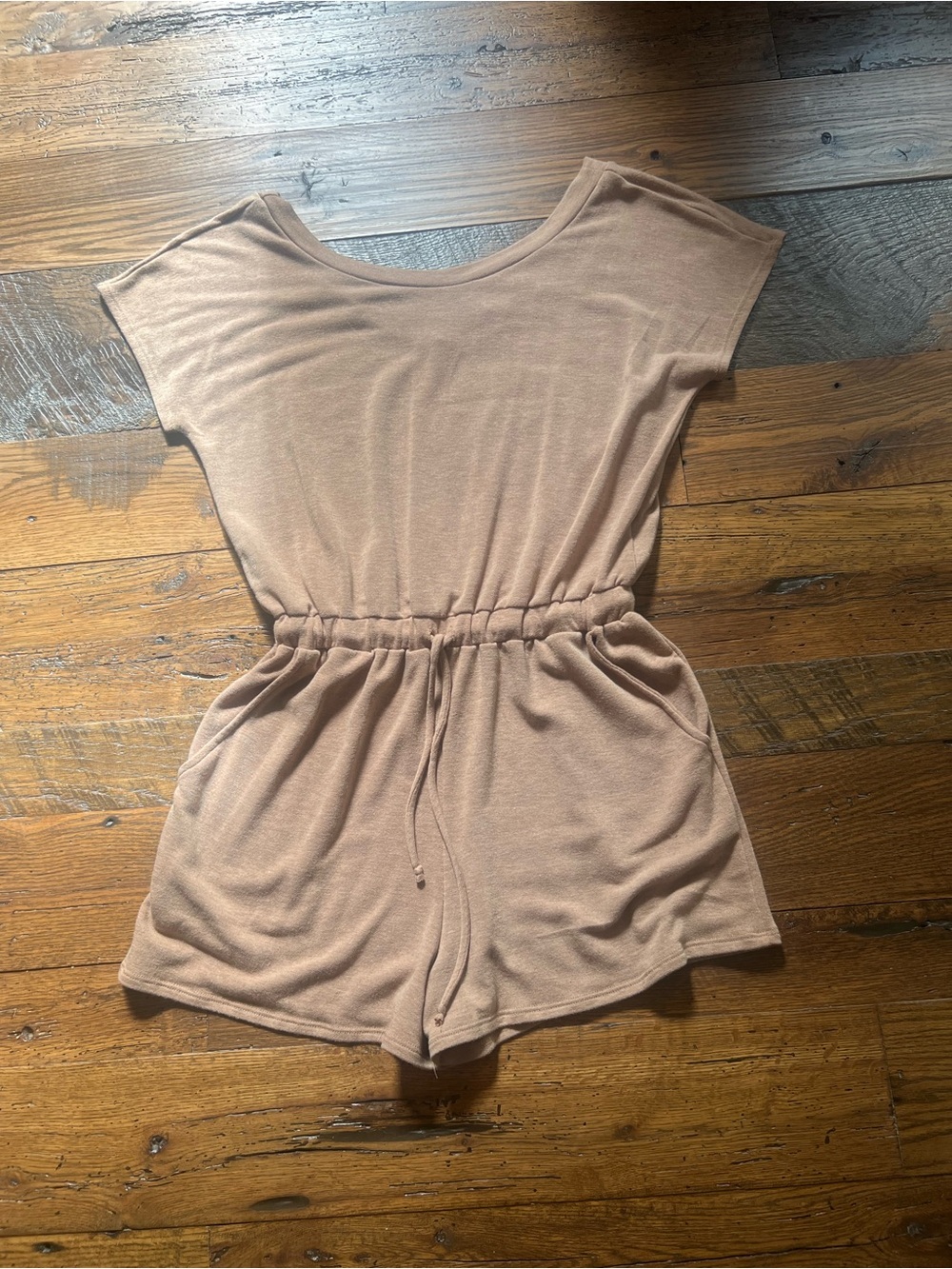Cherish Short Sleeve Drawstring Romper in Camel